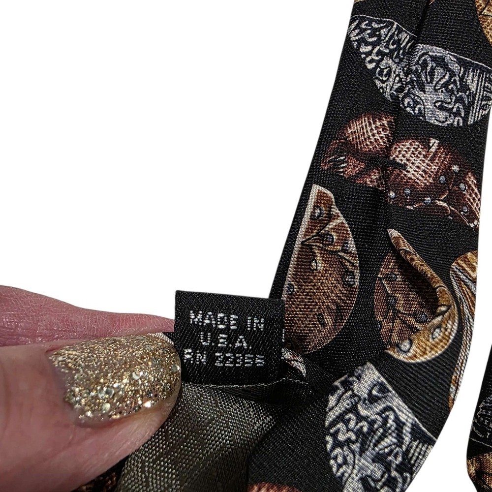 NIPON All Silk Geometric Pattern Necktie Black Gold Brown Men's Formal Power - Picture 10 of 11
